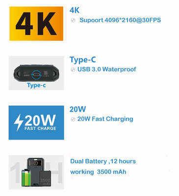 دوربین بدن 5G NR/SA تصویربرداری حرارتی 4K HD 3500mah باتری دوگانه EIS 4G 64GB 3.1-inch LCD
