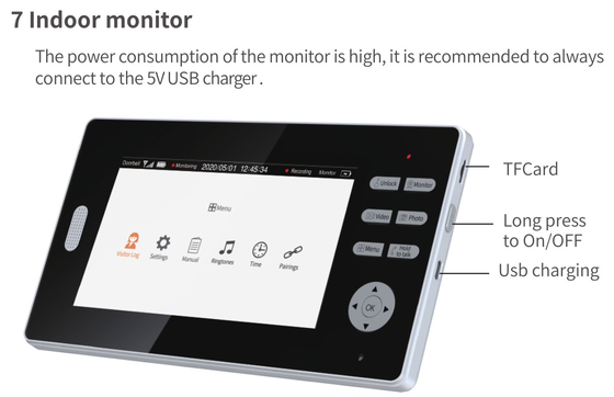زنگ ویدیویی 2.4 گیگاهرتزی WIFI 7 اینچی با وضوح بالا LCD چشمی درب ویدیویی